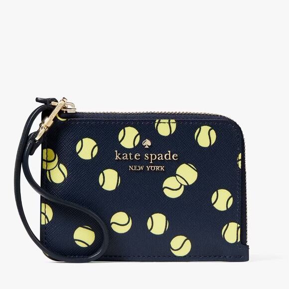 NWT Kate Spade Tennis Printed Small Card Holder Wristlet/Saffiano/Blue/Yellow - Picture 3 of 6